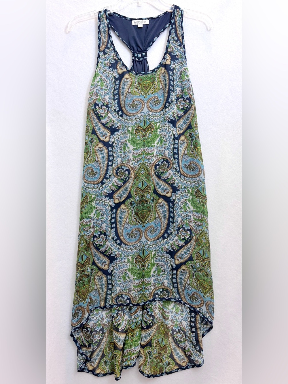 Chiffon High Low Dress Patrons of Peace Paisley Racerback Boho Blue Green L